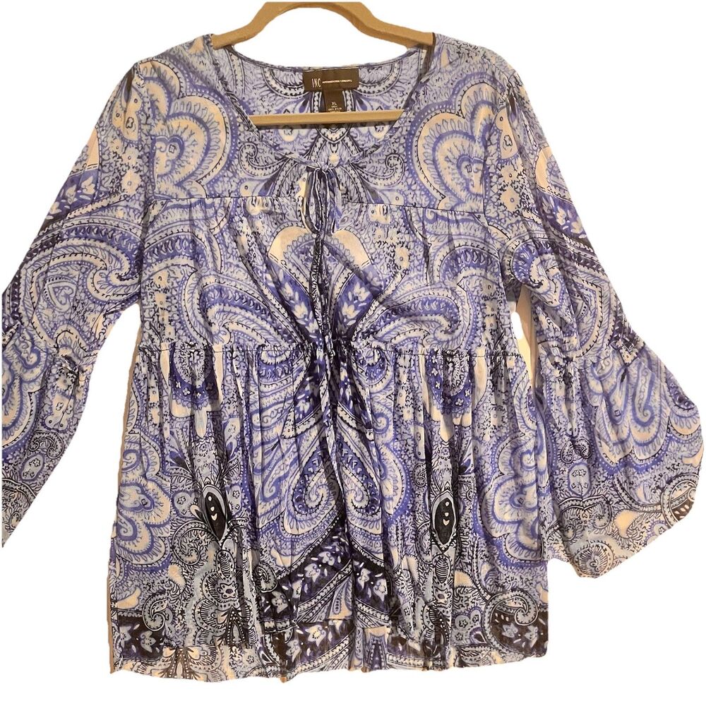 I.N.C International Concepts Blue White Paisley Blouse Bell Sleeves XL